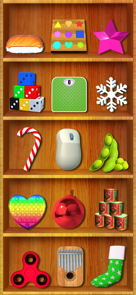 A wooden shelf containing various 3D antistress toys including a rainbow heart pop it and a fidget spinner