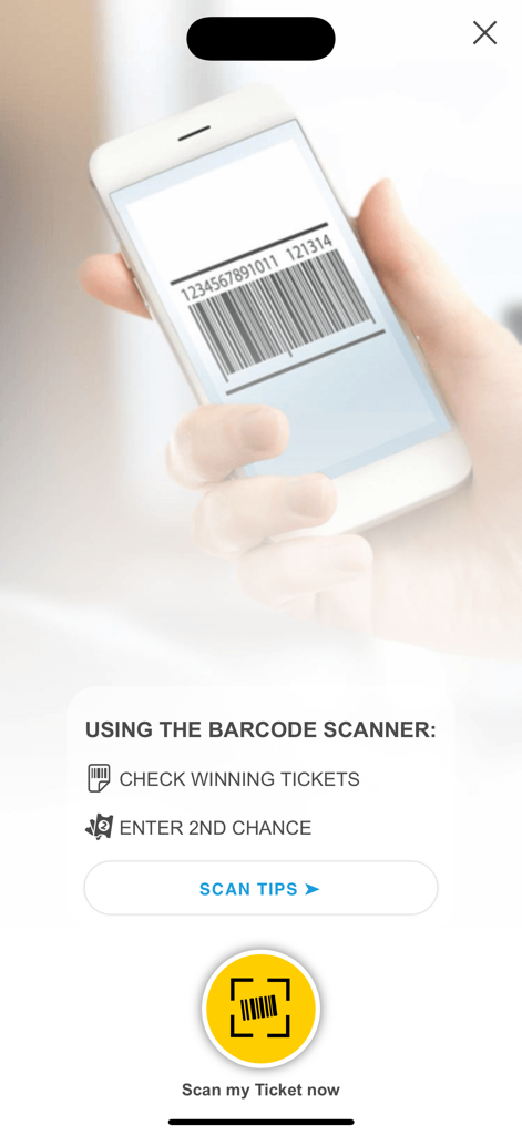 Hoosier Lottery - 후지어 복권 앱 화면 - 당첨 티켓 확인 및 2차 당첨 프로모션 응모에 사용되는 바코드 스캐너 표시