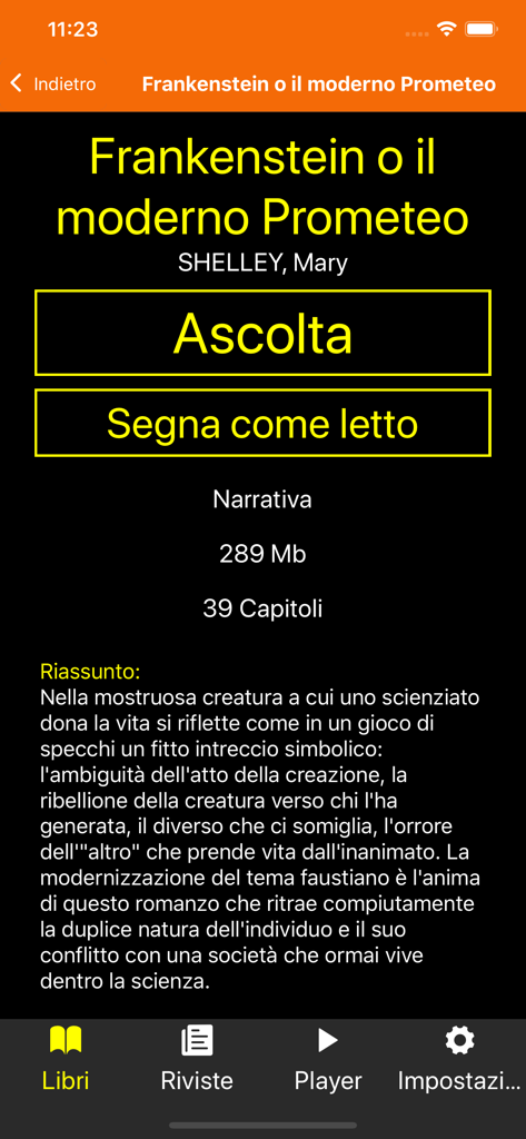 Libro Parlato CILP App - Audiobook details screen for Frankenstein in the Libro Parlato CILP app.