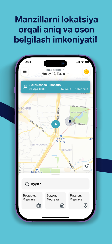 Rizo GO Mobile-App-Oberfläche, die eine Karte für die Buchung von Fernfahrten und die Standortverfolgung anzeigt