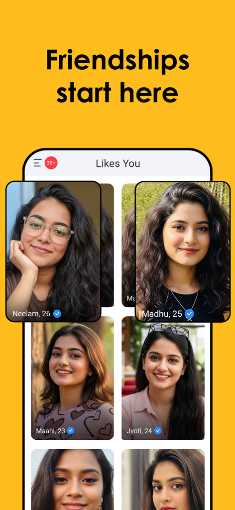 QuackQuack dating app Likes You screen displaying verified profiles of Indian women