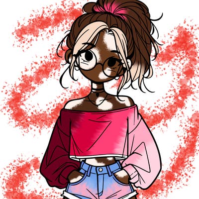 girl with a messy ponytail glasses a baggy crop top and jean shorts