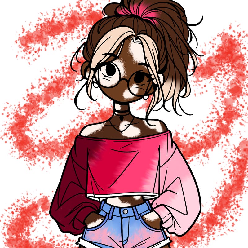 girl with a messy ponytail glasses a baggy crop top and jean shorts
