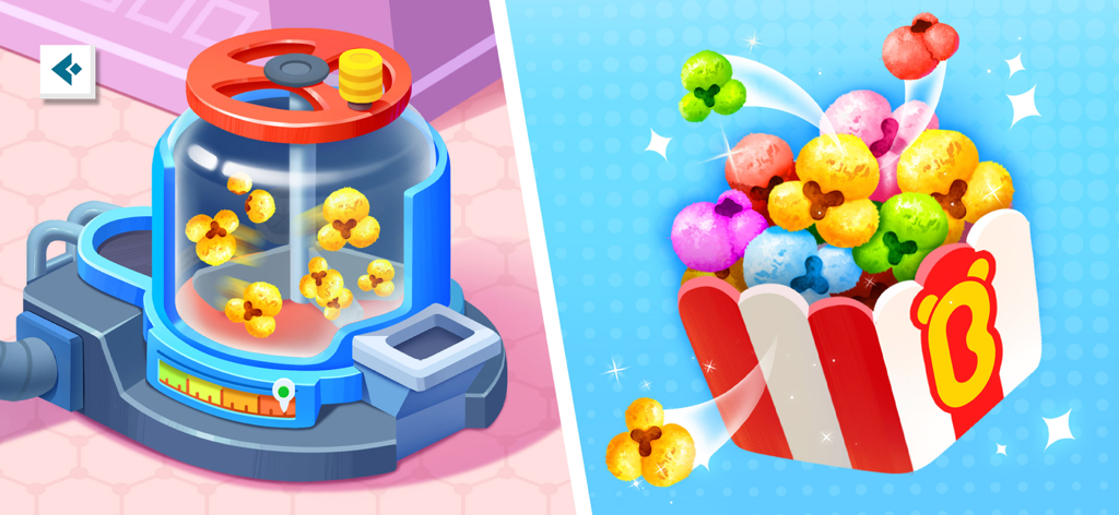 Little Panda: Pocket Factory - Máquina automática haciendo palomitas de maíz de colores en el juego Little Panda Pocket Factory