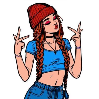 realistic teenage girl with braids and a beanie and crop top doing 🫶🏼