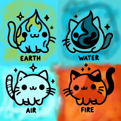 4 cats that represent the different elements, earth, water, air, and fire