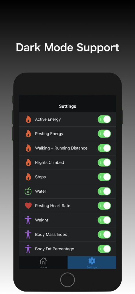 Interfaz de configuración de la aplicación Sync Fitbit to Health en modo oscuro que muestra opciones de sincronización para datos de salud