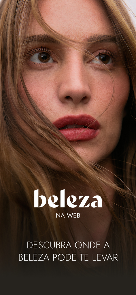 Beleza na Web: Cosméticos - 美容アプリ「Beleza na Web」のための、赤い口紅と流れるような髪の女性のクローズアップ