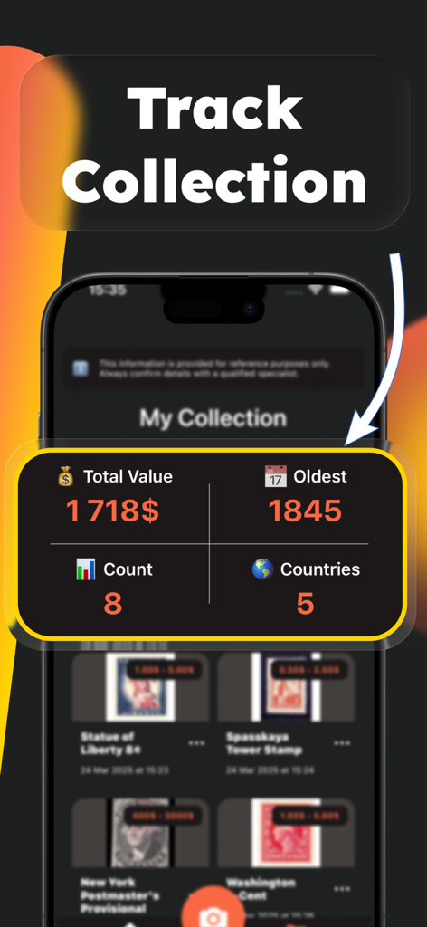 Stamp Value Identifier: Stampy - Interface de l'application Stampy montrant la valeur de la collection de timbres et les statistiques.
