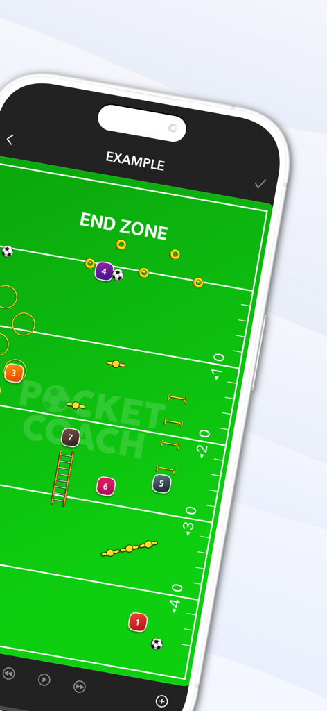 Pocket Coach Board Playmaker - Pantalla de la aplicación Pocket Coach mostrando un campo de fútbol americano con ejercicios y iconos de jugadores.