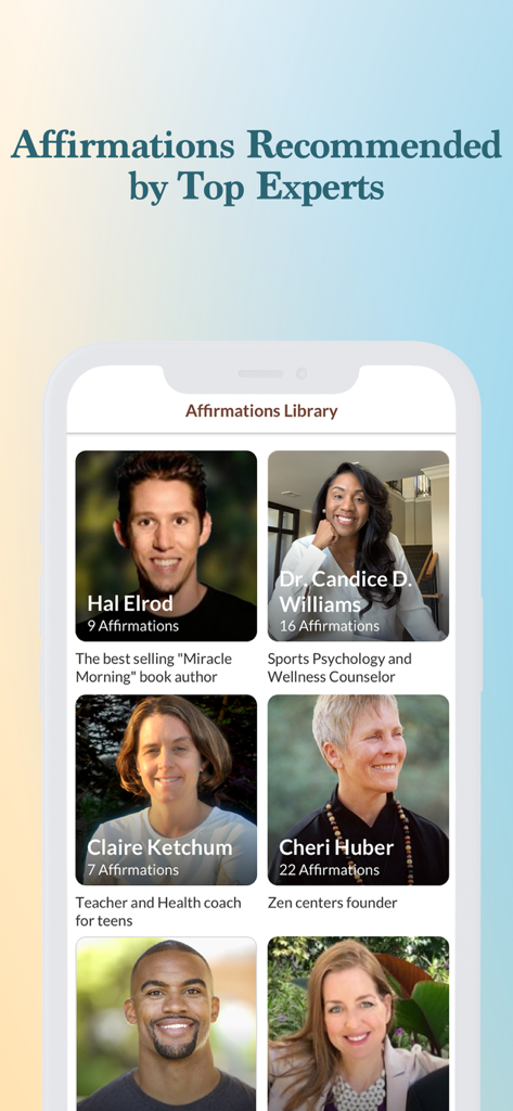ThinkUp-Daily Affirmations app - A library of affirmations in the ThinkUp app recommended by experts like Hal Elrod and Dr. Candice Williams.