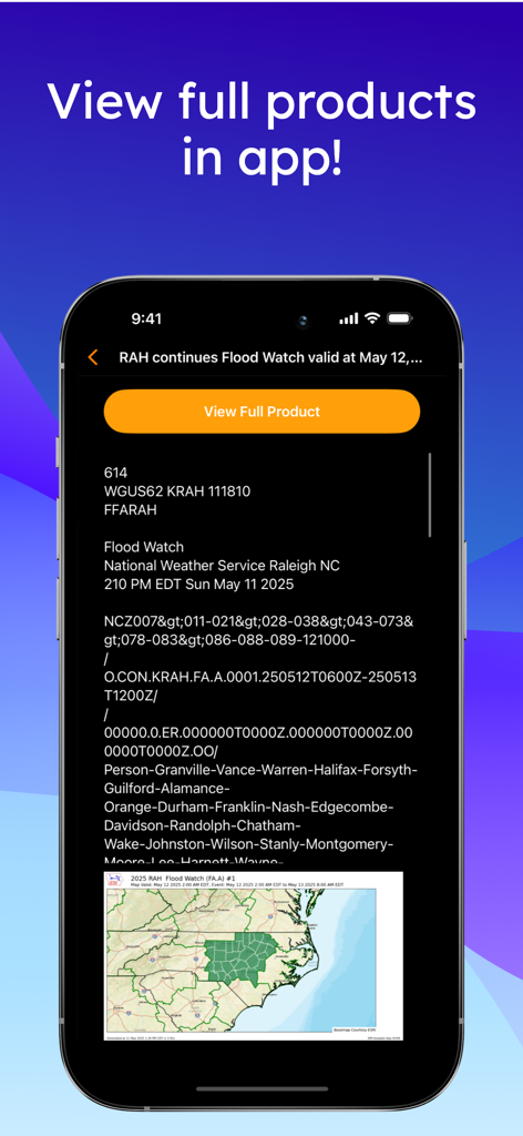 AlerWX - Aplicación AlerWX que muestra un informe detallado de vigilancia de inundaciones del Servicio Meteorológico Nacional con texto y mapa