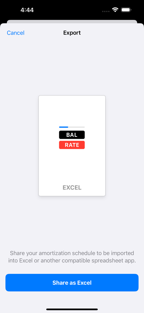 Amortization - Loan Calculator - Export screen for sharing an amortization schedule as an Excel document