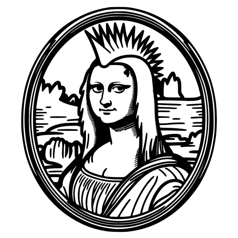 leonardo da vinci's "mona lisa" with punk hairstyle, realistic, thin borders