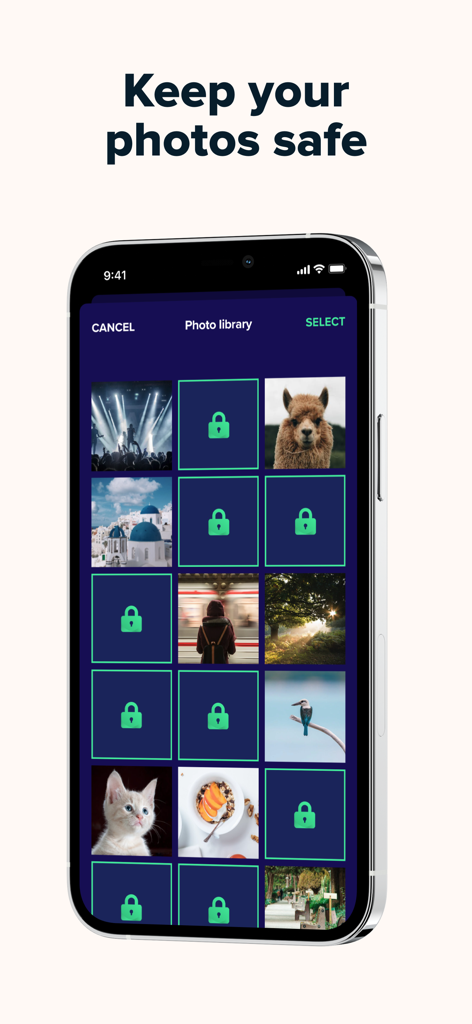 Avast Security app interface showing a private photo vault with locked images to keep photos safe