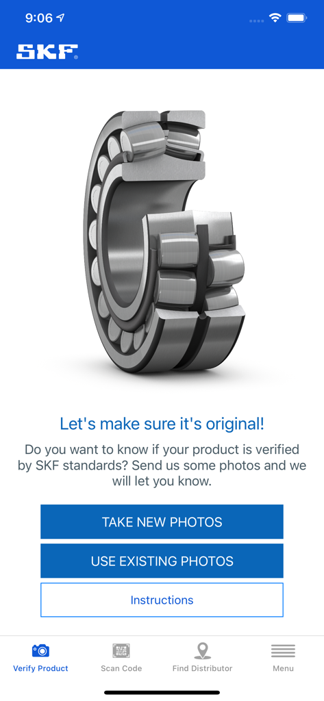 SKF Authenticate - SKF Authenticate app interface for verifying industrial bearings through photo submissions.