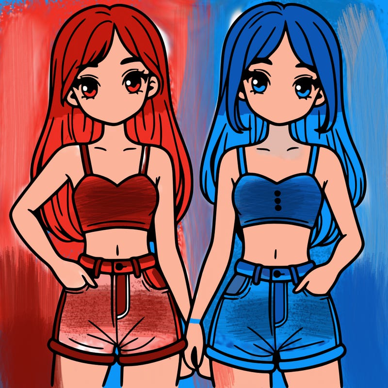 two sisters with crop tops and jean shorts and straight hair