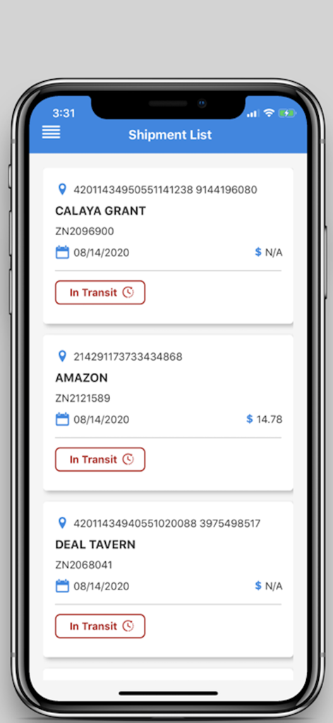 Zipx - Zipx mobile app interface showing a list of shipments in transit with tracking numbers and dates.