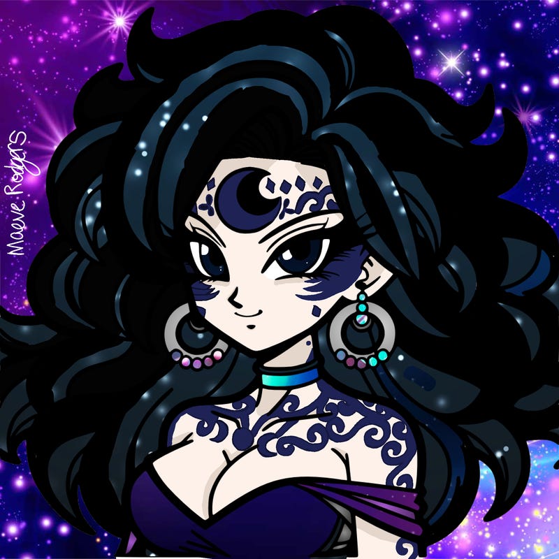 dbz anime, beautiful goddess of night with crescent moon tattoo on forehead