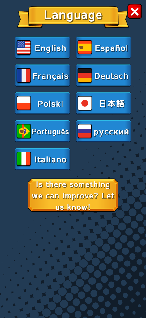 Language selection screen showing multiple flag icons and language options including English, Spanish, and French