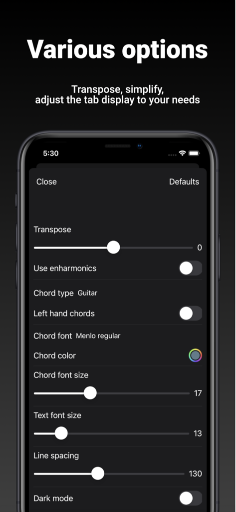 GuitarTab - Tabs & chords Pro - Various tab and chord display options in the GuitarTab app interface