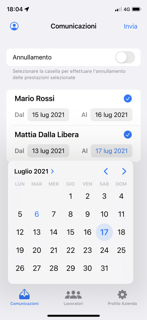 On-call labor app screen for selecting worker shifts using a calendar date picker.