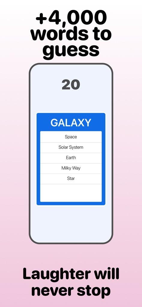 Off Limits Word Guessing Party - Interfaz de la aplicación Off Limits que muestra una tarjeta de adivinanza de palabras para Galaxia con términos prohibidos