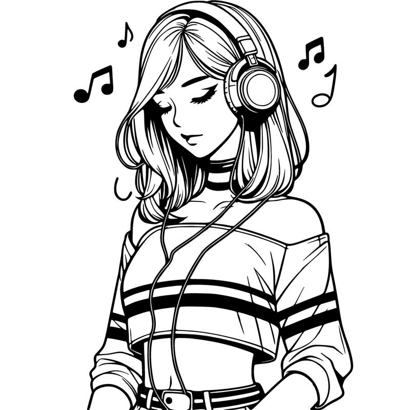 realistic girl wearing crop top looking down with headphones on her head