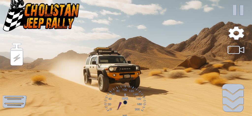 4x4 Offroad Jeep Driving - A 4x4 offroad jeep driving through a dusty desert landscape in the Cholistan Jeep Rally game mode.
