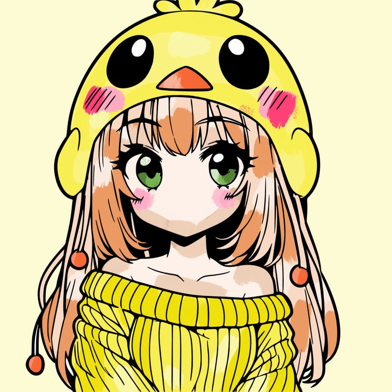 anime girl with chick shaped hat with sweater with bare shoulders with bangs covering them one eye with low tail