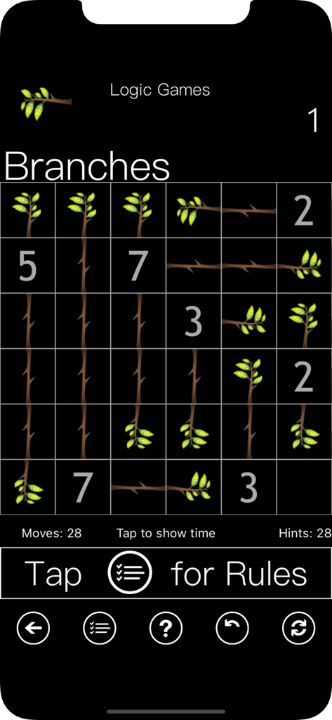 100 Logic Games - Time Killers - Gameplay screenshot of the Branches puzzle in the 100 Logic Games app showing a grid with branch icons and numbers on a dark background