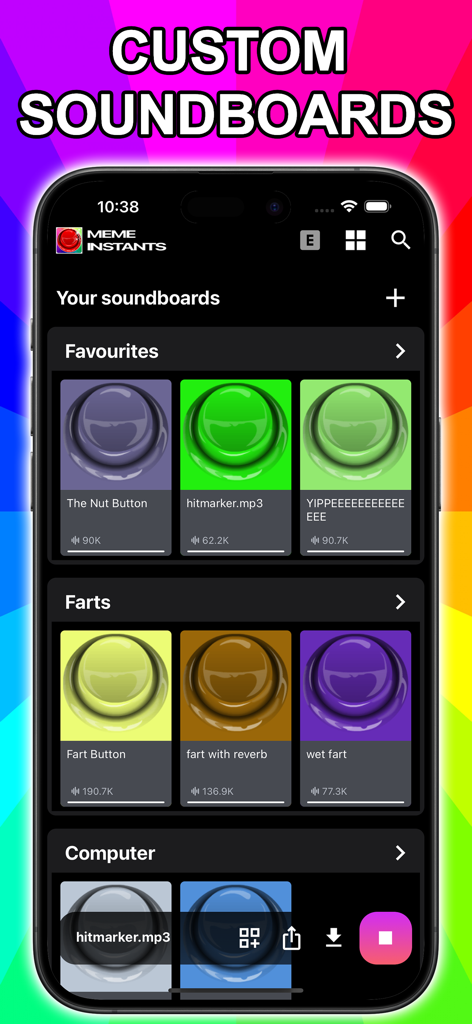 Captura de tela do aplicativo Meme Instants exibindo categorias de soundboard personalizadas com vários botões de meme