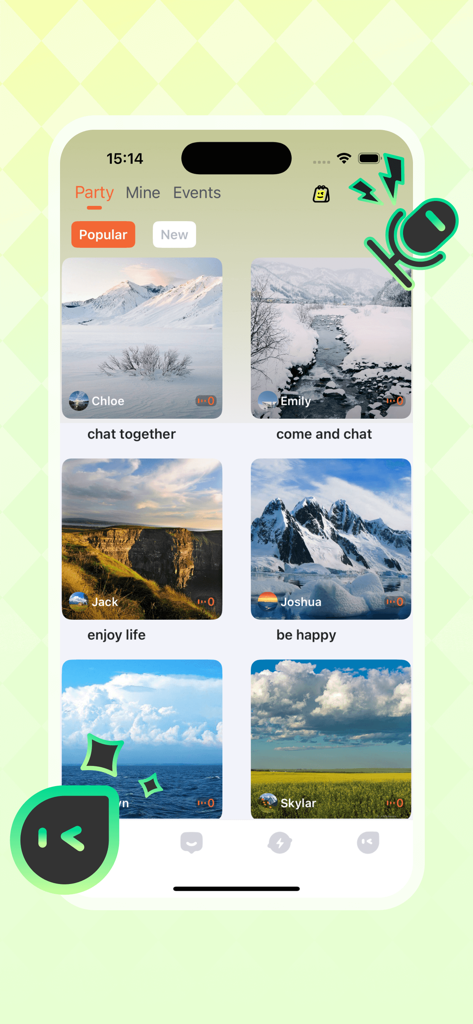 Faby Star app interface displaying a list of popular live audio chat rooms with scenic background images