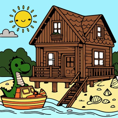 beach house with a beach fox with a dinosaur on a boat