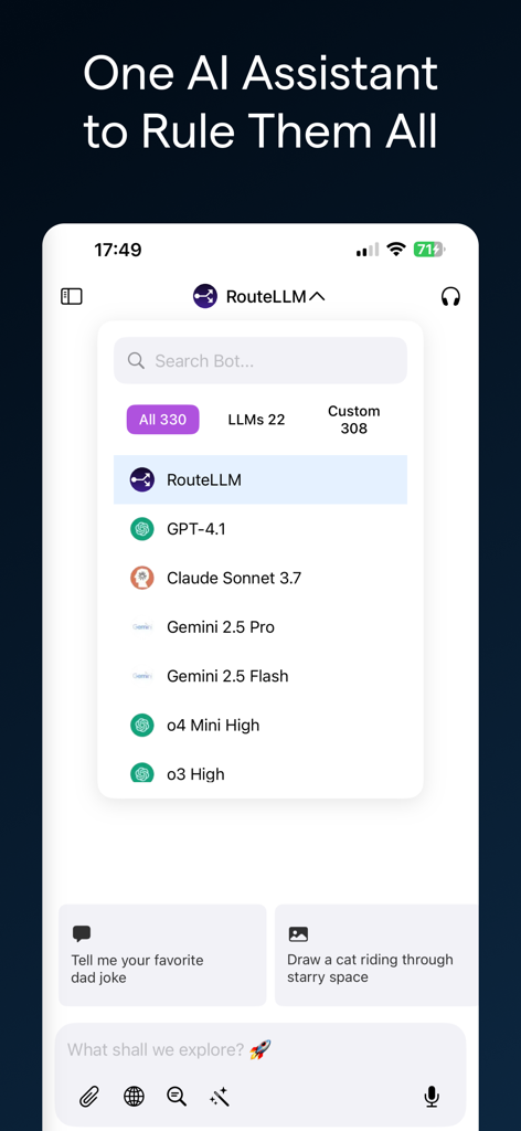 ChatLLM: AI Assistant & Chat - Captura de pantalla de la interfaz de la aplicación ChatLLM que muestra una lista de modelos de IA integrados, incluidos GPT Claude y Gemini