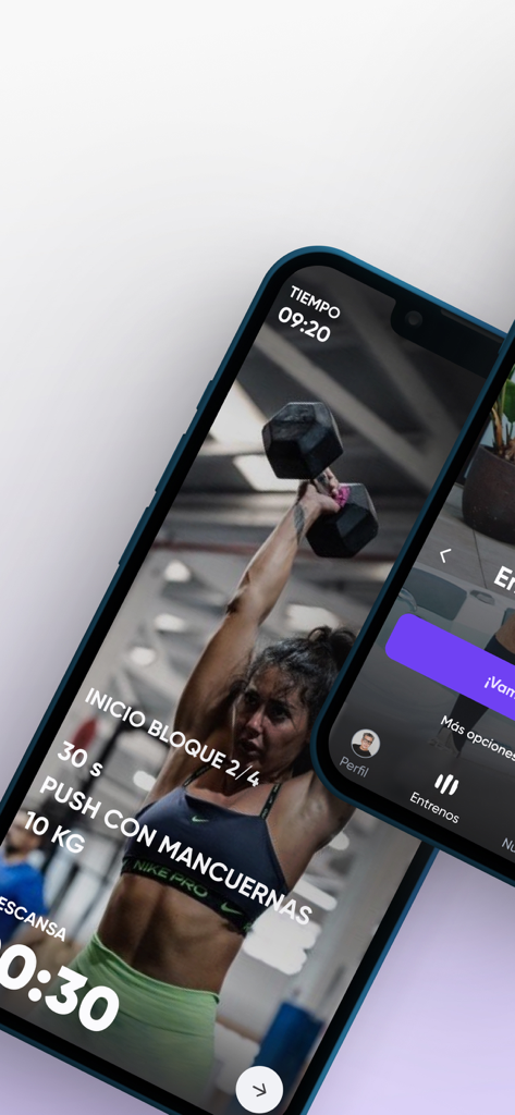BeJao - Interfaz de la aplicación BeJao mostrando a una mujer realizando una elevación de mancuernas por encima de la cabeza con temporizador de ejercicio y detalles de peso
