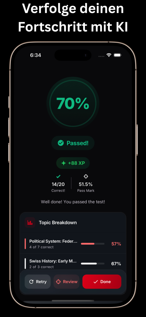 Einbürgerung Schweiz Test 2026 - Una pantalla de aplicación móvil que muestra los resultados del examen de ciudadanía suiza con una puntuación de aprobación y un desglose de temas