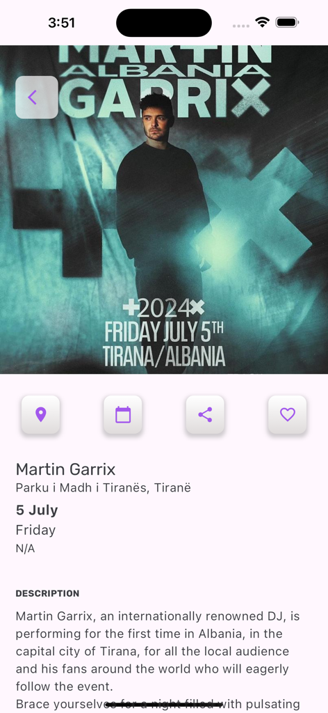Screenshot of the TEA app showing details for a Martin Garrix concert in Tirana Albania