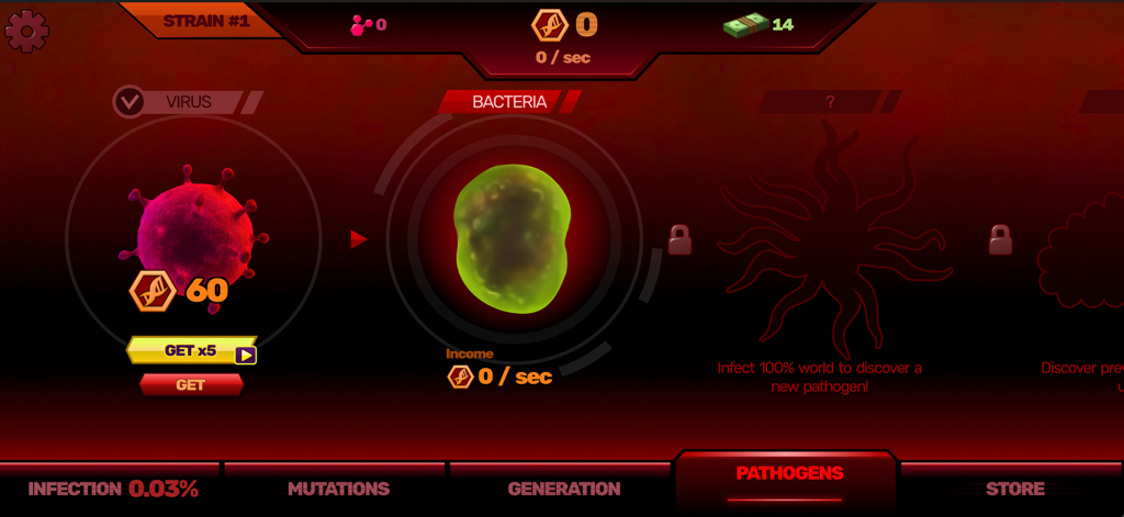 Patient Zero: Virus game - Menú de selección de patógenos en el juego Patient Zero Virus que muestra cepas de virus y bacterias.