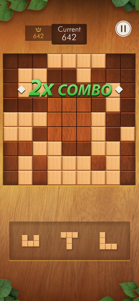 Gameplay of Zendoku block puzzle featuring wooden pieces and a 2X combo notification on a wooden background.