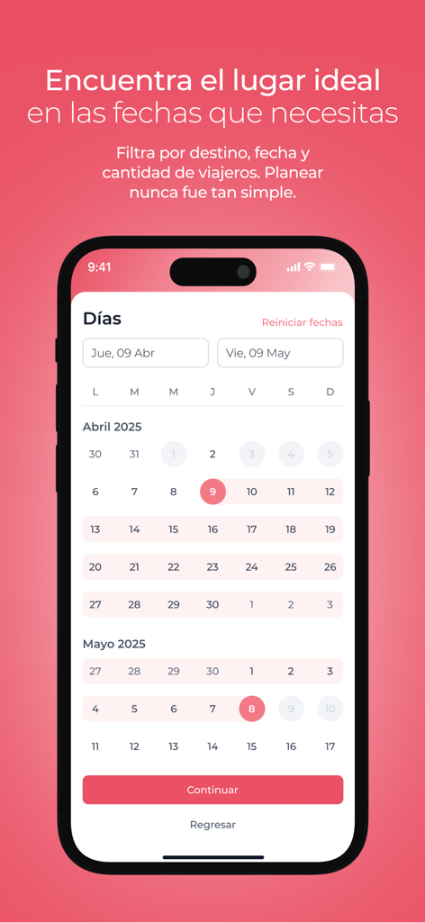 Estei - Mobile screen of Estei app showing a calendar interface for selecting travel dates in Venezuela.