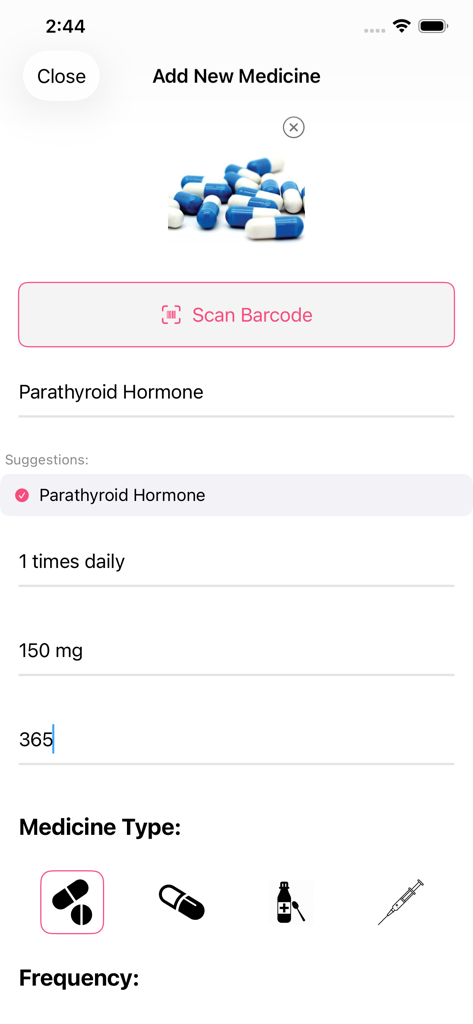 Interface para adicionar um novo medicamento com opções de frequência de dosagem e ícones de tipo de medicamento no aplicativo Track Your Pills