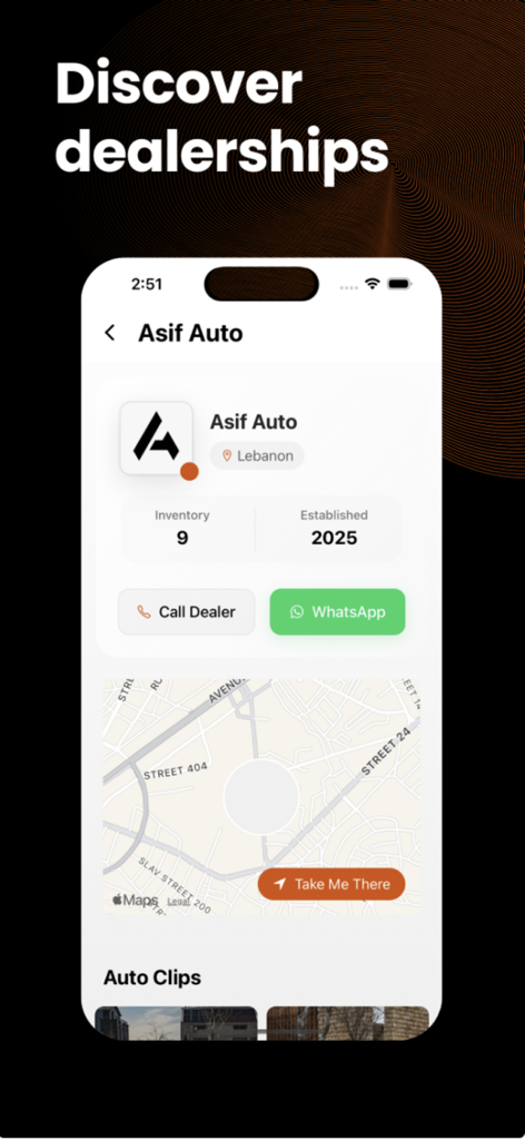 Fleet - Your Auto Marketplace - Interface de l'application Fleet montrant le profil d'un concessionnaire pour Asif Auto avec options de contact et carte de localisation
