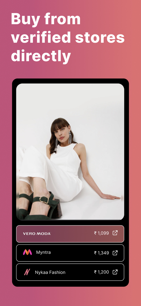 ALT - Fashion Search - ALT app interface showing a fashion model and direct purchase links to verified stores like Vero Moda and Myntra