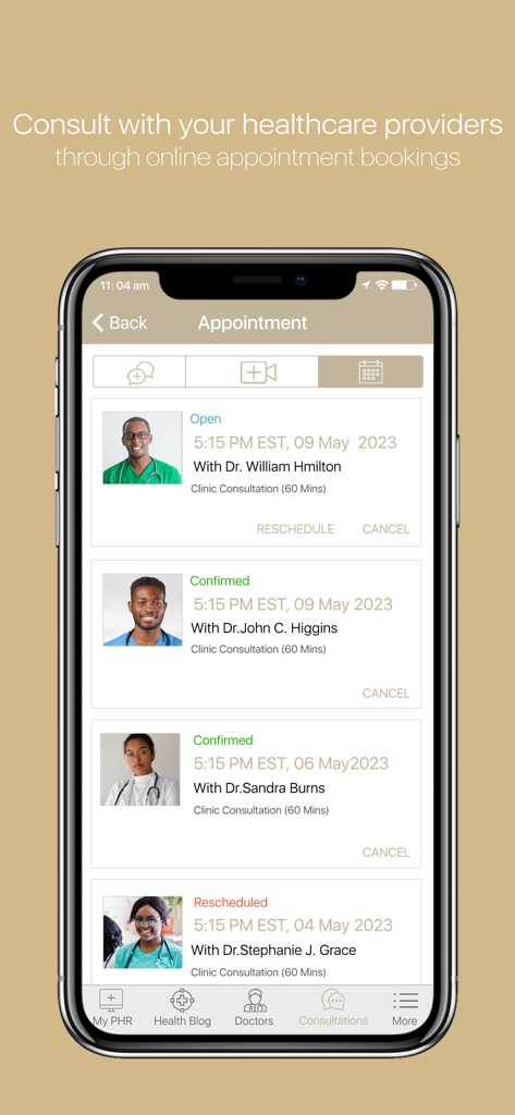 Die Benutzeroberfläche der mobilen App der Harley Street Clinic zeigt eine Liste geplanter medizinischer Termine