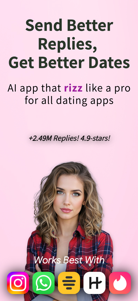 Rizzler AI: Texting Wingman - Rizzler AI app promo screen showing a woman and icons for Tinder Bumble Hinge and WhatsApp with text about sending better replies