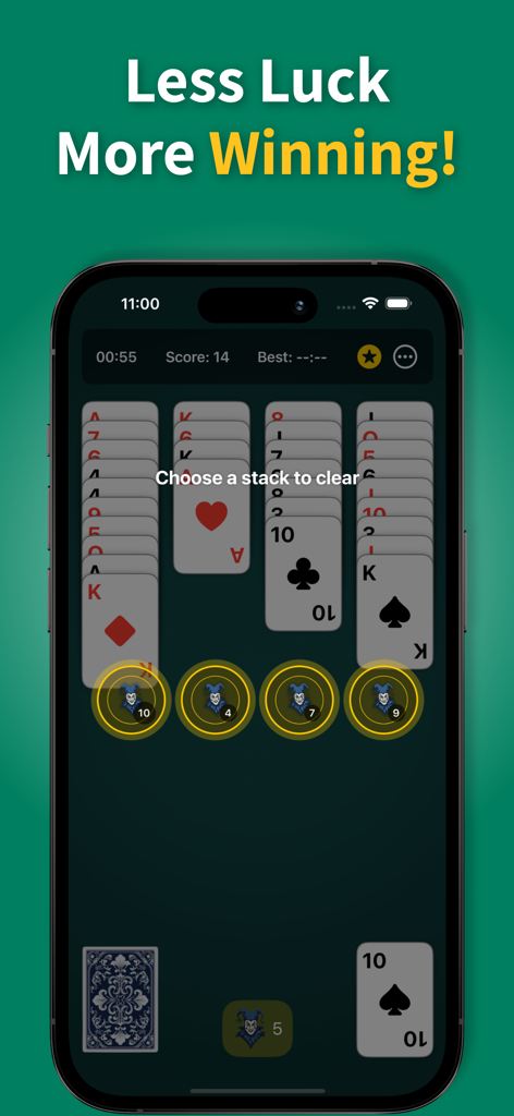 Aces Up Solitaire gameplay screen showing the Joker power-up feature used to clear stacks of cards.