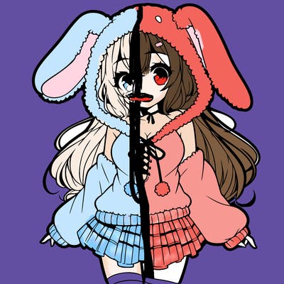 pretty anime girl wearing a fluffy hoodie with bunny ears on the hood and a skirt