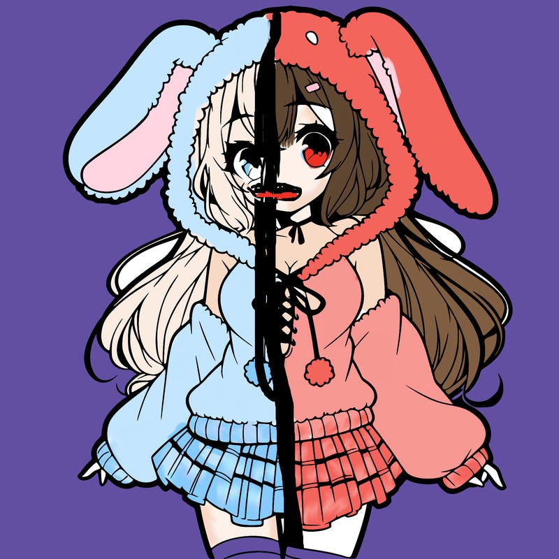 pretty anime girl wearing a fluffy hoodie with bunny ears on the hood and a skirt