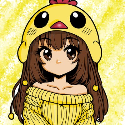 anime girl with chick shaped hat with sweater with bare shoulders with bangs covering them one eye with low tail